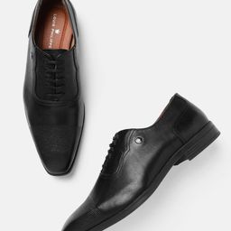 Louis Philippe Men Black Solid Leather Formal Oxfords with Textured Detail-picture-47