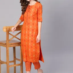 Gerua By Libas Women Rust OrangeGolden Block Print Kurta with Trousers-picture-43