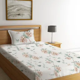 KLOTTHE White & Green Floral 300 TC Fitted Single Bedsheet with 1 Pillow Cover-picture-25