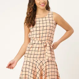 Style Quotient Women Peach-Coloured & Black Checked Drop-Waist Dress-image-95
