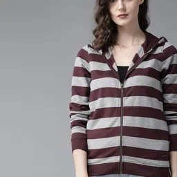 Roadster Women Burgundy & Grey Melange Striped Hooded Sweatshirt-picture-38