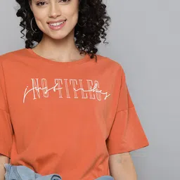 Mast & Harbour Women Orange Printed Pure Cotton Round Neck T-shirt-image-17