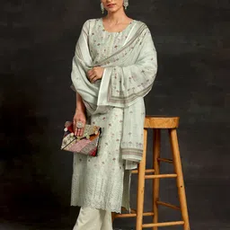 Libas Green Floral PrintedBeads And Stones Straight Kurta With Palazzos & Dupatta-image-92
