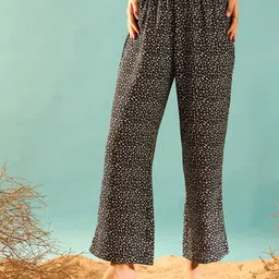 Berrylush Women Black Floral Printed Relaxed Straight Leg High-Rise Parallel Trouser image 1