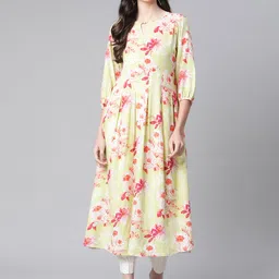 Indibelle Women Lime Green & Pink Floral Print Keyhole Neck Pleated A-Line Kurta-image-5