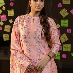 Libas Peach Floral Printed Keyhole Neck Straight Kurta With Salwar & Dupatta-picture-6