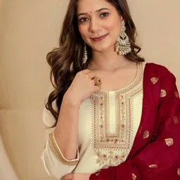 SANISA Embroidered Round Neck Sequinned Straight Kurta With Trousers & Dupatta-picture-27