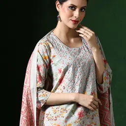 Jaipur Kurti Floral Printed Pure Cotton Straight Kurta With Trousers & Dupatta-picture-32