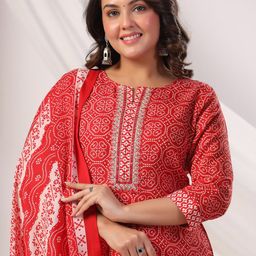 Indo Era Bandhani Printed Notch Neck Pure Cotton Kurta With Trousers & Dupatta-picture-10