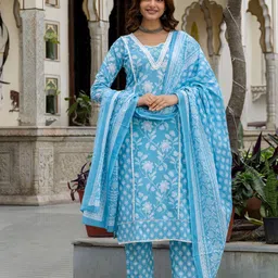 Anouk Floral Printed V-Neck Pure Cotton Straight Kurta with Trousers And Dupatta-image-81