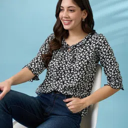 Globus Tie-Up Neck Floral Print Frill Detail Top-picture-35
