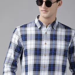 BEAT LONDON by PEPE JEANS Men Blue GRIT Slim Fit Tartan Checked Pure Cotton Casual Shirt-picture-24