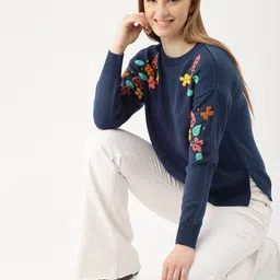 DressBerry Women Navy Blue Embroidered Pullover Sweater-image-33