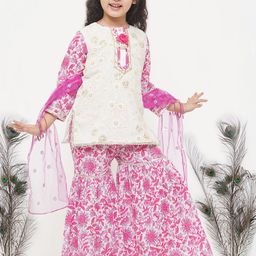 Little Bansi Girls White Floral Embroidered Pure Cotton Kurta with Sharara & With Dupatta-picture-1