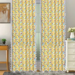 Cortina Yellow & Blue 2 Pcs Floral Room Darkening Cotton Long Door Curtains-picture-24
