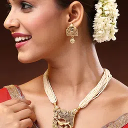 ADIVA 22K Gold-Plated Engraved Bird Pendant Kundan Stone Studded & Pearls BeadedJewellery-image-75