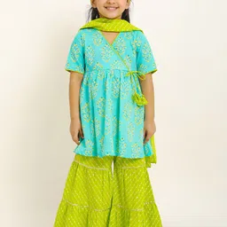 Campana Girls Ethnic Motifs Printed Angrakha Pure Cotton Kurta With Sharara & Dupatta-picture-17