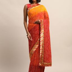 Mirchi Fashion Red & Yellow Poly Georgette Printed Bandhani Saree-picture-3
