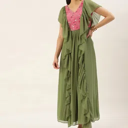 Ethnovog Ready To Wear Green N Rouge Pink Chinon Ruffles Gown-picture-40