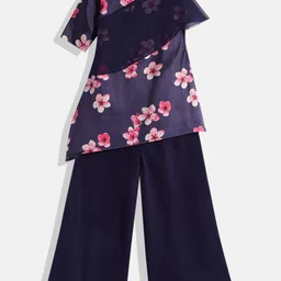 Ethnovog Girls Navy Blue  Pink Floral Print Made To Measure Kurti with Palazzos-picture-18