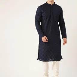 Manyavar Men Navy Blue & Off-White Chikankari Embroidered Kurta with Churidar-picture-32