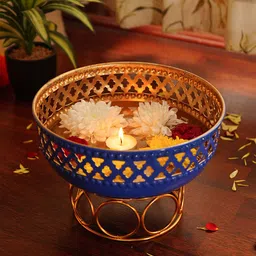 Ekhasa Blue Floral Textured Decorative Metal Urli Bowl With Stand-image-81