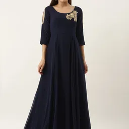 Ethnovog Navy Blue Embellished Detail Georgette Maxi Dress-picture-15