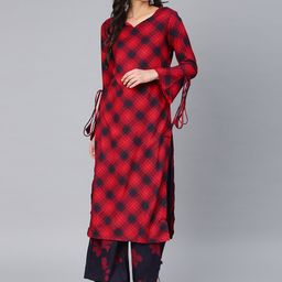 Vishudh Women Red & Navy Blue Checked Kurta with Palazzos-picture-18