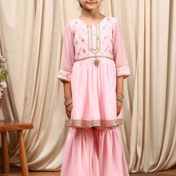 pspeaches Girls Round Neck Embroidered Sequinned Anarkali Kurti with Sharara & Dupatta-picture-33