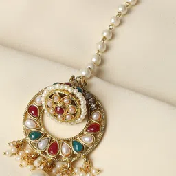 OOMPH Gold-Toned Red & Green Stone Studded Pearl Maangtikka-image-22