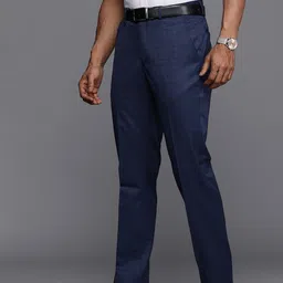 Louis Philippe Men Navy Blue Windowpane Checked Slim Fit Formal Trousers image 5