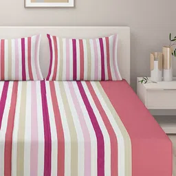 SWAYAM White & Pink 144 TC Fine Cotton Queen Bedsheet with 2 Pillow Covers image 3