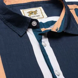 Campus Sutra Men Navy Blue & Peach-Coloured Cotton Striped Casual Shirt image 2