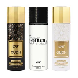 CFS Oudh White Cargo Fragile & Oudh Black Set Of 3 Deodorant Body Spray - 200ml Each image 3