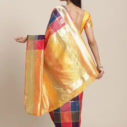 Saree mall Yellow & Pink Checked Zari Silk Blend Banarasi Sarees image 3