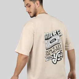 CHKOKKO Typography Printed Cotton Short Sleeves Applique Oversized Casual T-shirt-image-0