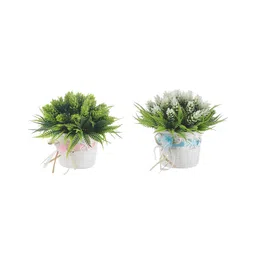 FOLIYAJ Set Of 2 Green & White Artificial Plant With Fern Leaves Buds & White Pots image 4