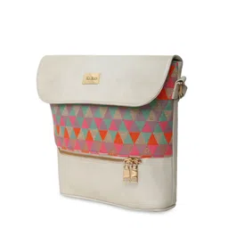 KLEIO Women White & Orange Jacquard & PU Coated Sling Bag image 3