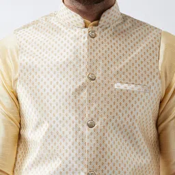 SOJANYA Men Gold-Toned & Beige Solid Kurta with Churidar & Nehru Jacket image 3