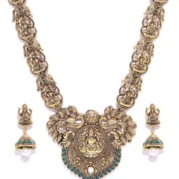 Zaveri Pearls Antique Gold-Toned Goddess Lakshmi-Textured Stone-Studded Jewellery Set image 2