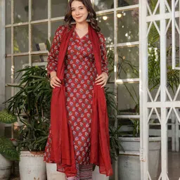 Moda Rapido Floral Printed V-Neck Pure Cotton Straight Kurta With Trousers And Dupatta-picture-13