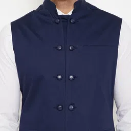 Hypernation Men Navy Blue Cotton Solid Woven Satin Twill Nehru Jacket image 4