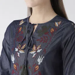 Xpose Women Navy Blue Embroidered Chambray Pure Cotton Top image 2
