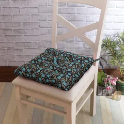 Rajasthan Decor Set Of 2 Black & Turquoise Blue Floral Printed Cotton Chair Pads image 3