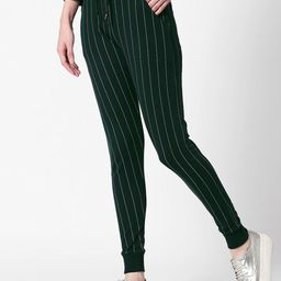Zeyo Women Green & White Striped Slim Fit Joggers-picture-35