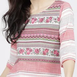 Vishudh Women Coral and Off White Striped Cotton Kurta with Palazzo and Dupatta image 4