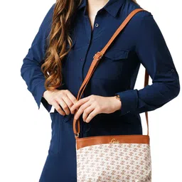 Lavie Floral Printed Structured Sling Bag with Cut Work image 1