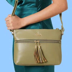 Lavie Olive Green PU Structured Sling Bag with Tasselled image 1
