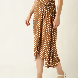 MANGO Women Brown & White Polka Dot Print Wrap Skirt image 4