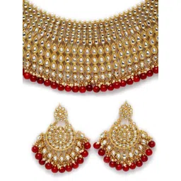 Shining Diva Gold-Plated White & Red Kundan Studded Pearl Beaded Choker Jewellery Set image 2